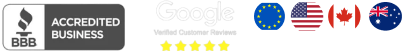 Accreditations and client locations showing BBB accreditation, Google 5-star reviews, and flags of Europe, USA, Canada, and Australia.